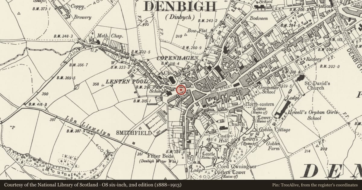 Ordnance Survey six-inch map, 2nd edition (1888–1913) covering the location of Market Cross, Denbigh, Denbighshire, with a pin at the register's coordinates