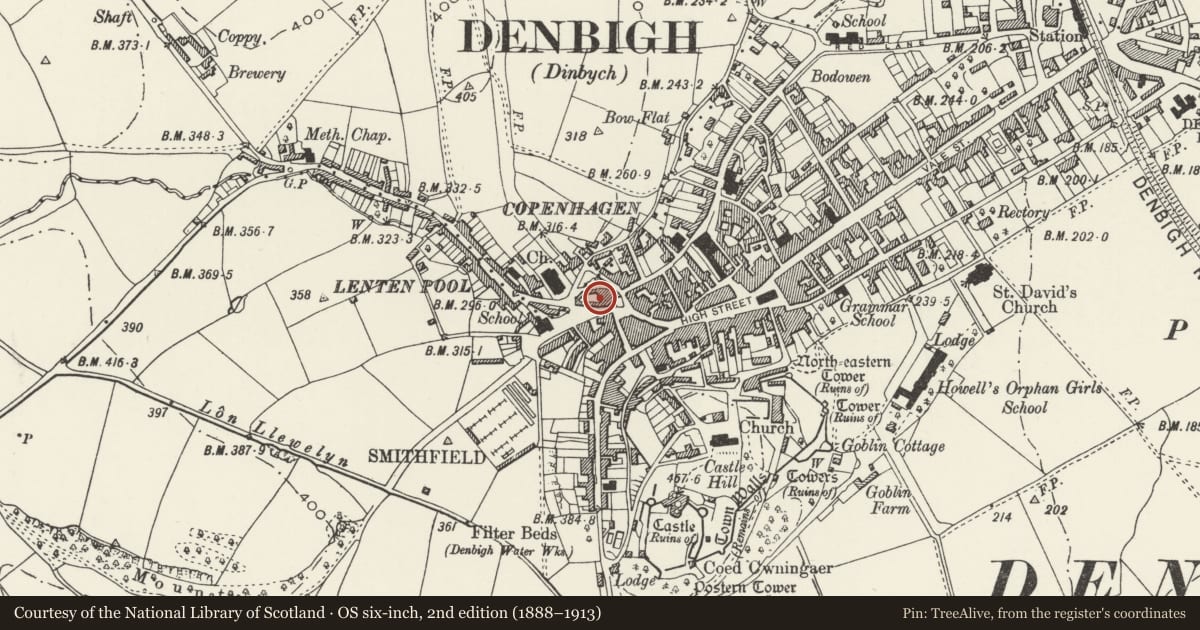 Ordnance Survey six-inch map, 2nd edition (1888–1913) covering the location of Former Church Institute, including low stone enclosing walls, Denbigh, Denbighshire, with a pin at the register's coordinates