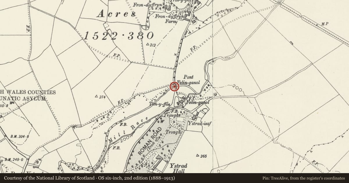Ordnance Survey six-inch map, 2nd edition (1888–1913) covering the location of Pont Felin Ganol, Denbigh, Denbighshire, with a pin at the register's coordinates
