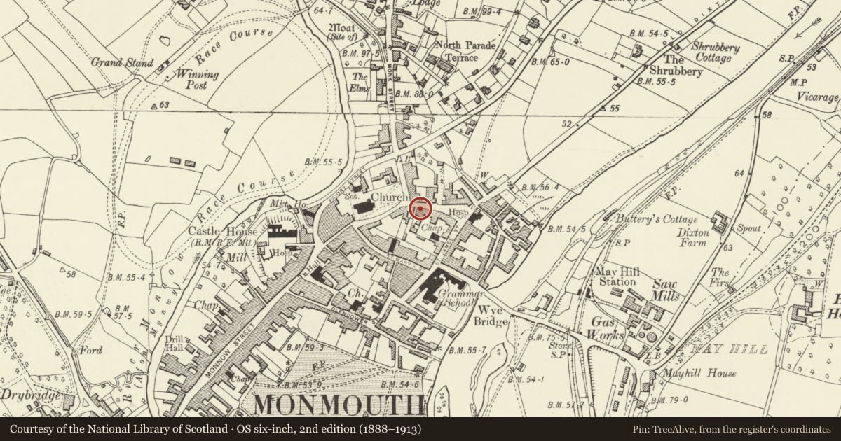Ordnance Survey six-inch map, 2nd edition (1888–1913) covering the location of Ventnor House, Monmouth, Monmouthshire, with a pin at the register's coordinates