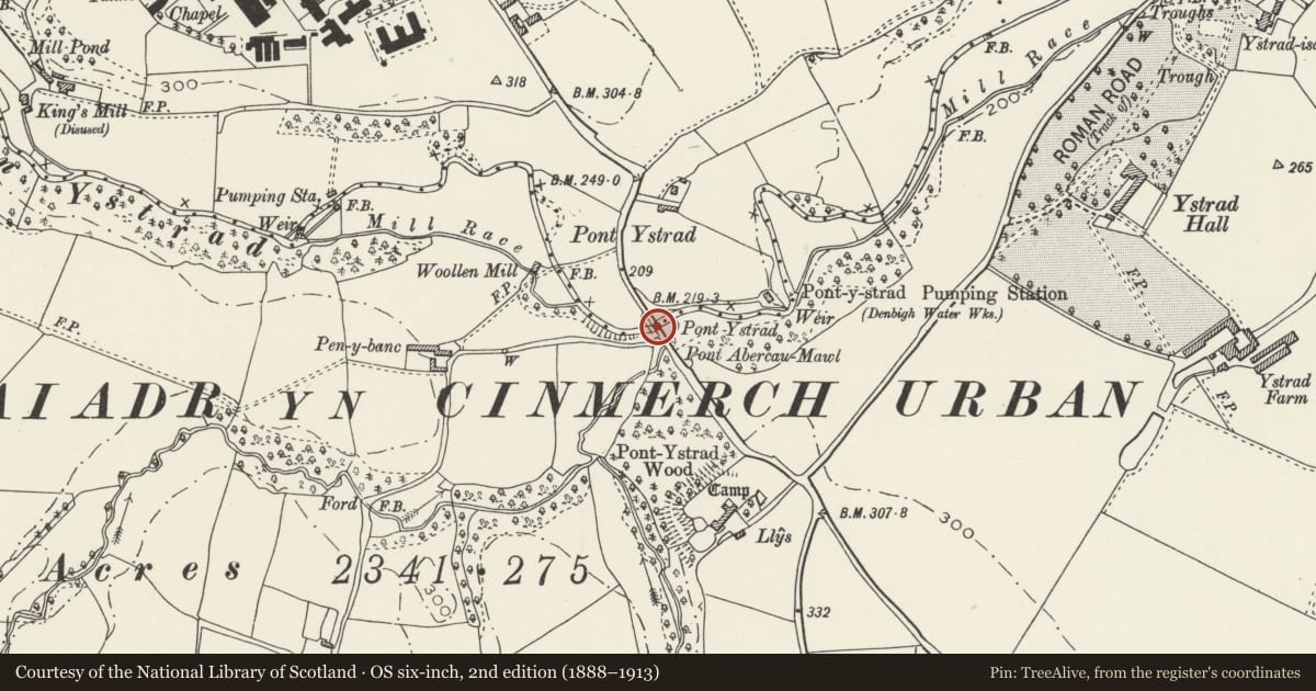 Ordnance Survey six-inch map, 2nd edition (1888–1913) covering the location of Pont Ystrad, Denbigh, Denbighshire, with a pin at the register's coordinates
