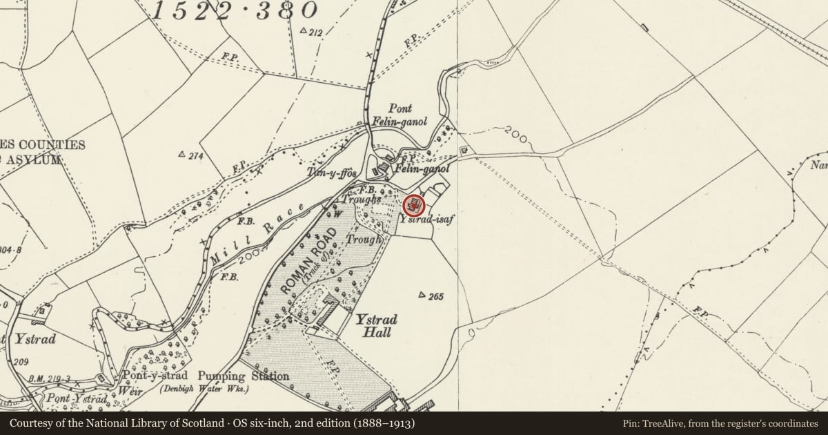 Ordnance Survey six-inch map, 2nd edition (1888–1913) covering the location of Ystrad Isa, Denbigh, Denbighshire, with a pin at the register's coordinates
