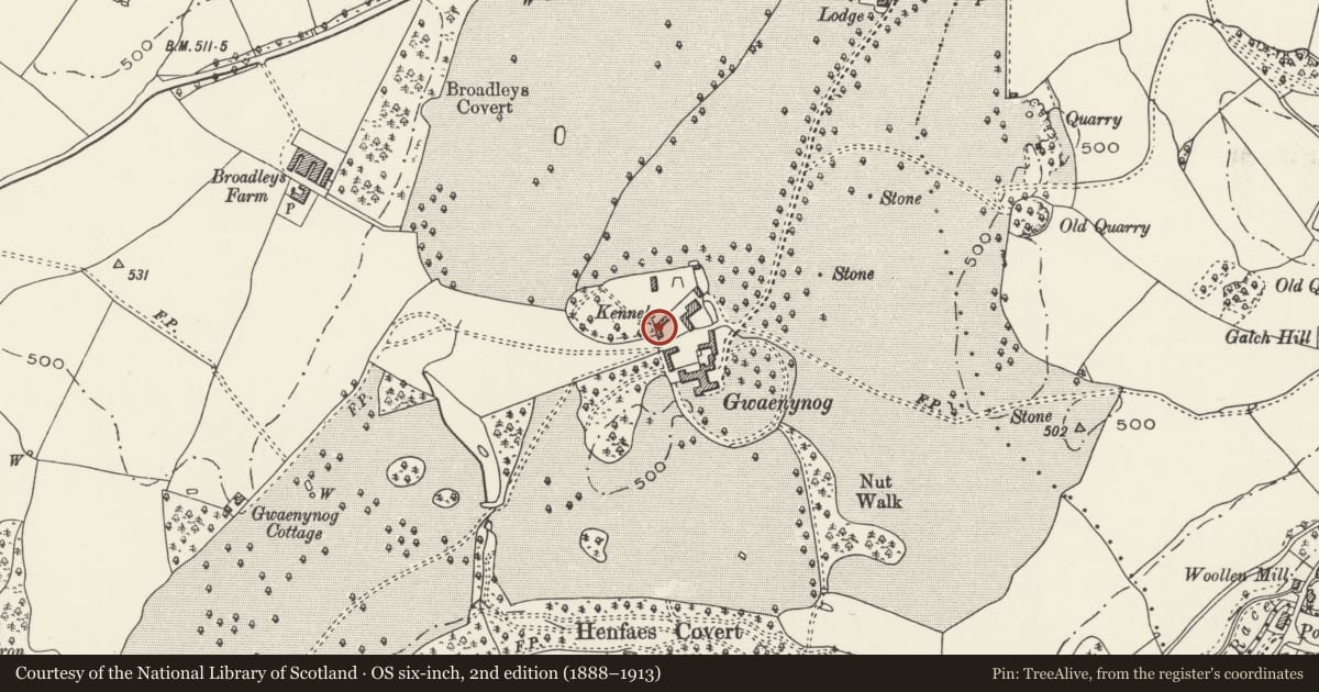 Ordnance Survey six-inch map, 2nd edition (1888–1913) covering the location of Garden Walls at Gwaenynog, including Mr Macgregor's Potting Shed, Denbigh, Denbighshire, with a pin at the register's coordinates