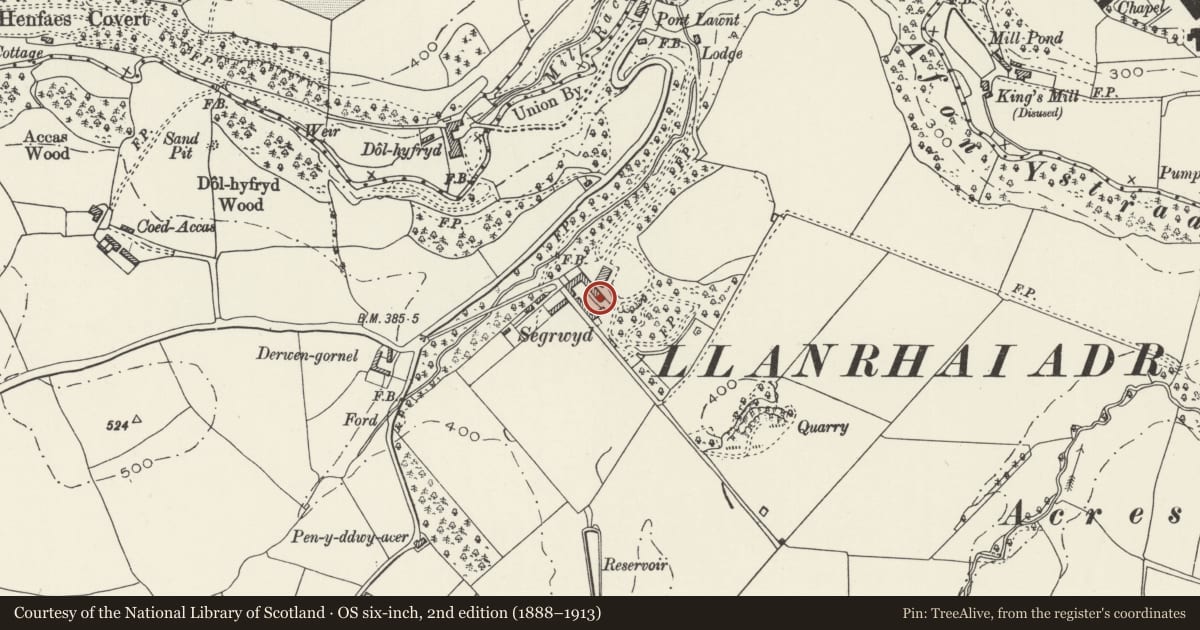 Ordnance Survey six-inch map, 2nd edition (1888–1913) covering the location of Primary Barn at Segrwyd, Denbigh, Denbighshire, with a pin at the register's coordinates