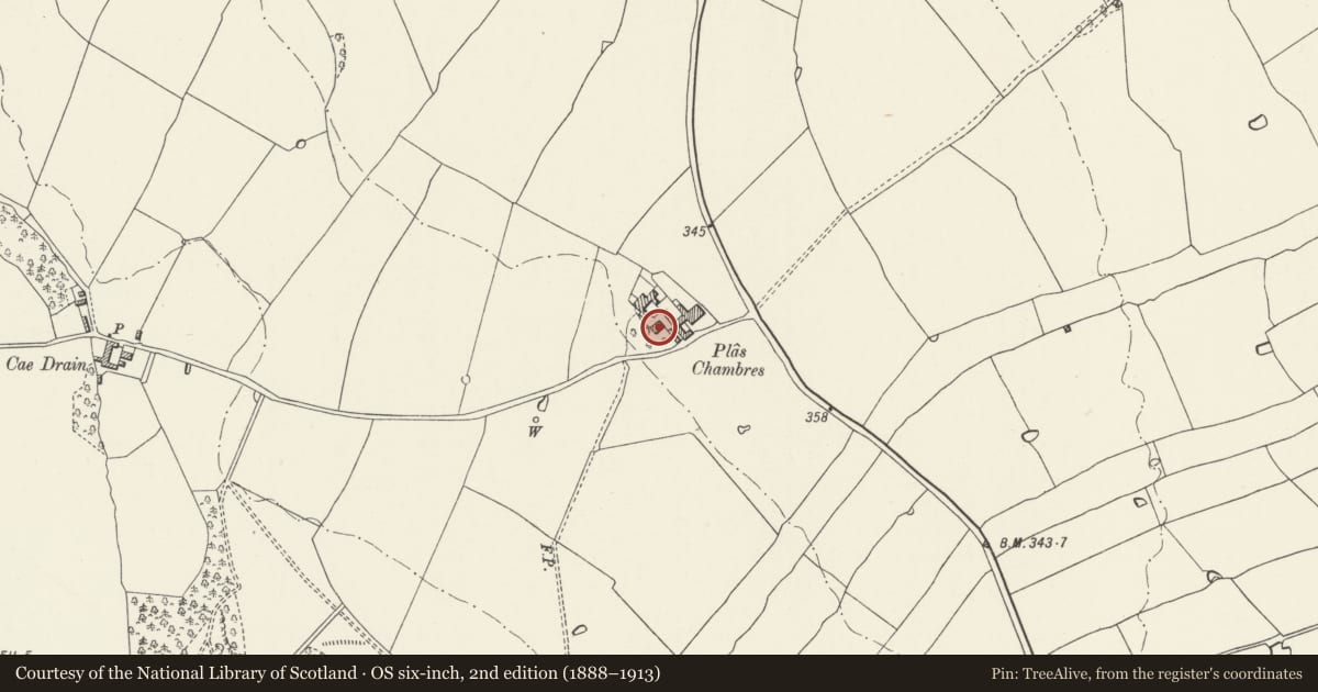 Ordnance Survey six-inch map, 2nd edition (1888–1913) covering the location of Secondary House at Plas Chambres, Denbigh, Denbighshire, with a pin at the register's coordinates