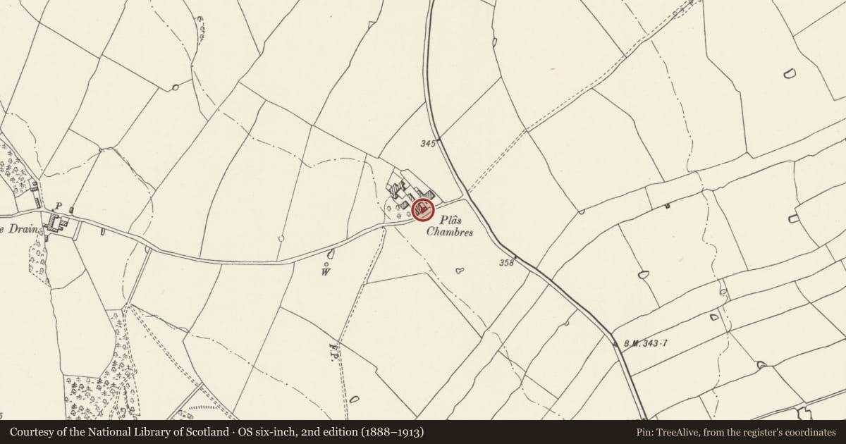 Ordnance Survey six-inch map, 2nd edition (1888–1913) covering the location of Agricultural Complex at Plas Chambres, Denbigh, Denbighshire, with a pin at the register's coordinates