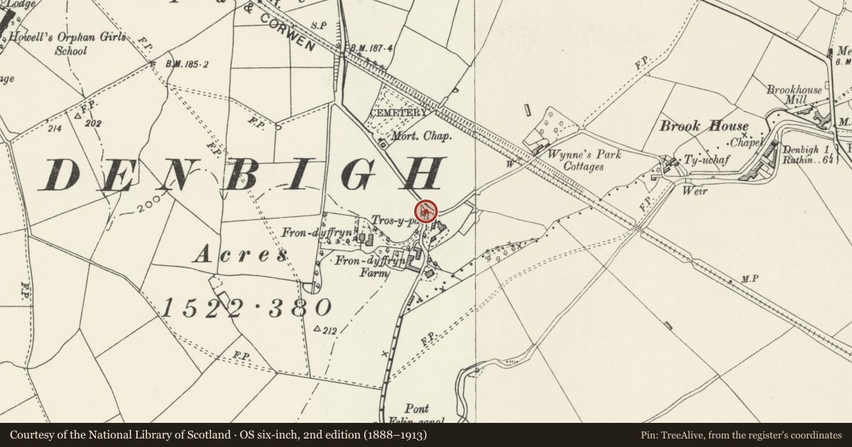 Ordnance Survey six-inch map, 2nd edition (1888–1913) covering the location of Garden Walls at Tros-y-Parc, Denbigh, Denbighshire, with a pin at the register's coordinates