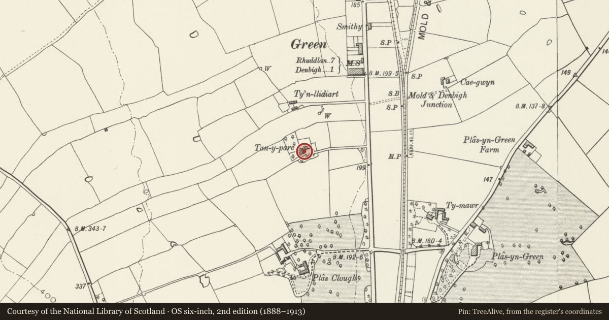 Ordnance Survey six-inch map, 2nd edition (1888–1913) covering the location of Tan-y-Parc, Denbigh, Denbighshire, with a pin at the register's coordinates