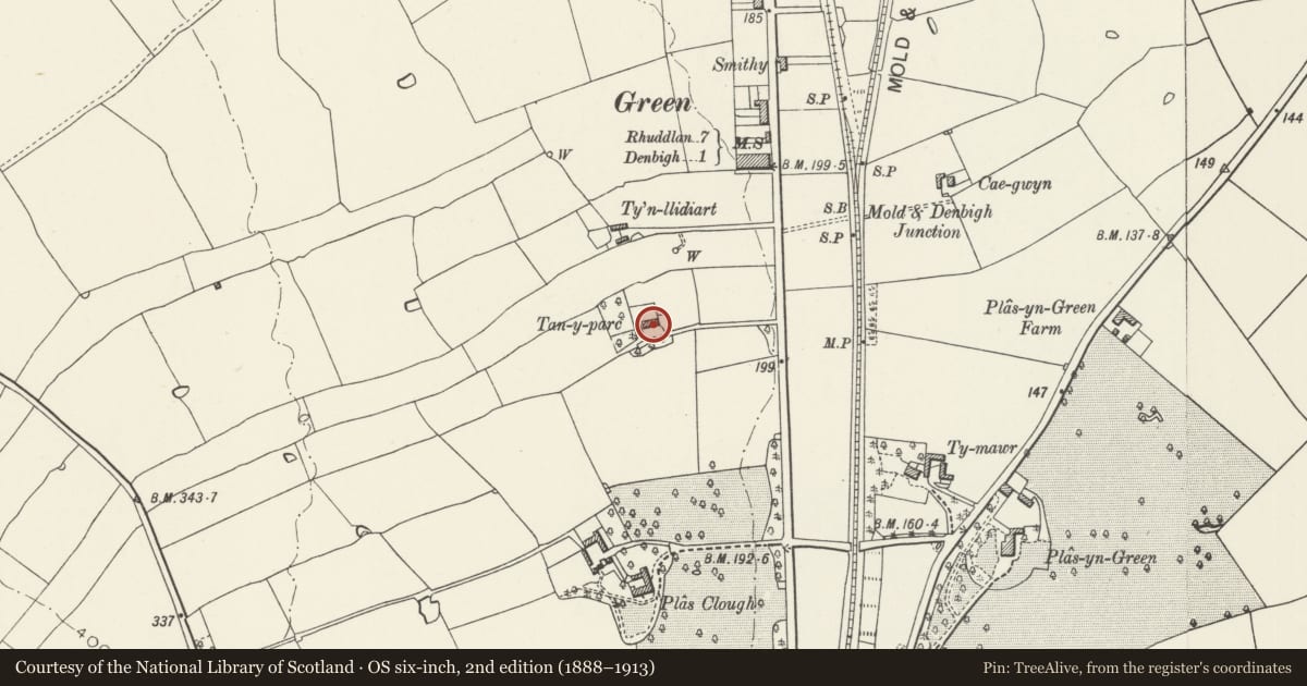 Ordnance Survey six-inch map, 2nd edition (1888–1913) covering the location of Agricultural Range at Tan-y-Parc, Denbigh, Denbighshire, with a pin at the register's coordinates