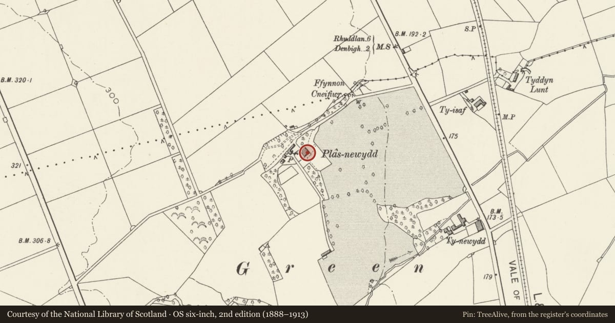 Ordnance Survey six-inch map, 2nd edition (1888–1913) covering the location of Plas Newydd, Denbigh, Denbighshire, with a pin at the register's coordinates