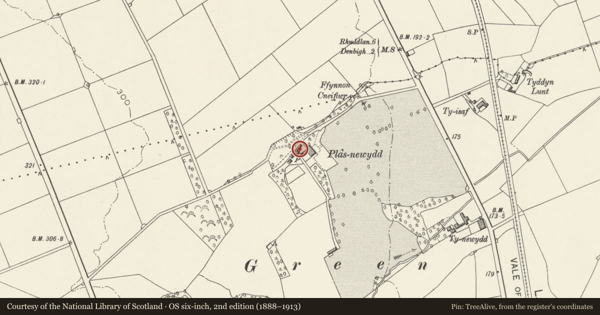 Ordnance Survey six-inch map, 2nd edition (1888–1913) covering the location of L-shaped Coach-house Range at Plas Newydd, Denbigh, Denbighshire, with a pin at the register's coordinates