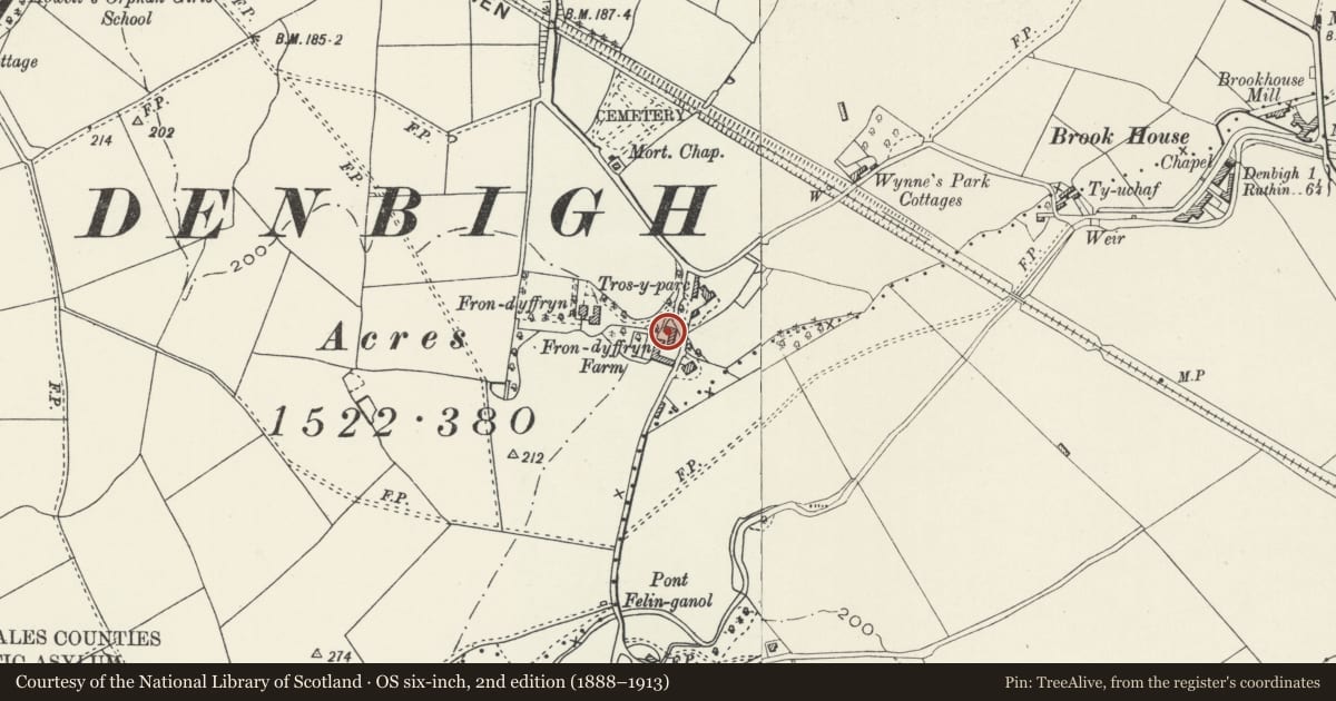 Ordnance Survey six-inch map, 2nd edition (1888–1913) covering the location of Brondyffryn Farm, including associated walls fronting the lane, Denbigh, Denbighshire, with a pin at the register's coordinates