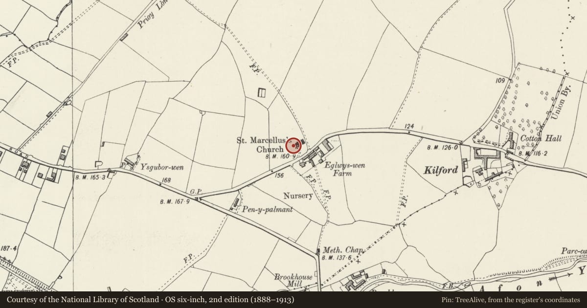 Ordnance Survey six-inch map, 2nd edition (1888–1913) covering the location of Chest Tomb of Twm O'r Nant at the Church of St Marcella, Denbigh, Denbighshire, with a pin at the register's coordinates