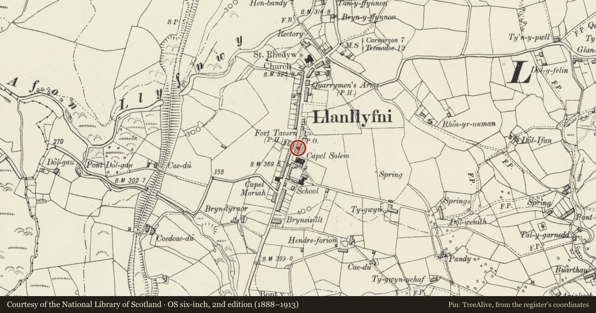 Ordnance Survey six-inch map, 2nd edition (1888–1913) covering the location of 70 Ffordd Rhedyw (Rhedyw Road), Llanllyfni, Gwynedd, with a pin at the register's coordinates