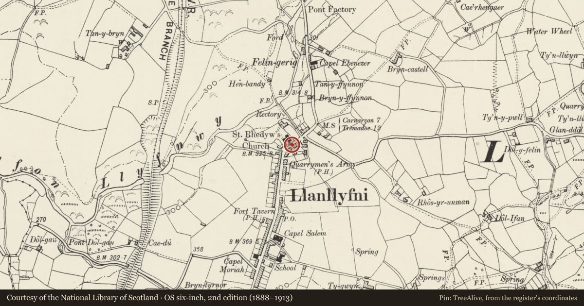 Ordnance Survey six-inch map, 2nd edition (1888–1913) covering the location of Bryn Eglwys, Llanllyfni, Gwynedd, with a pin at the register's coordinates