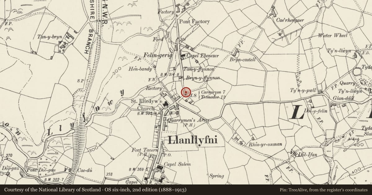 Ordnance Survey six-inch map, 2nd edition (1888–1913) covering the location of Milestone, Llanllyfni, Gwynedd, with a pin at the register's coordinates