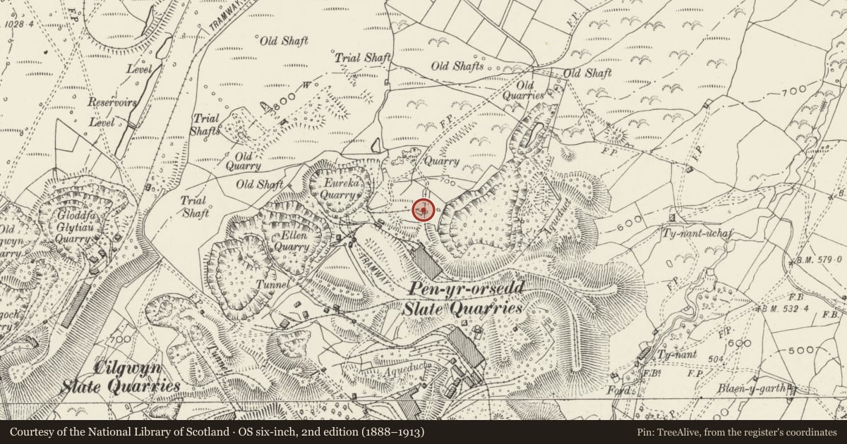 Ordnance Survey six-inch map, 2nd edition (1888–1913) covering the location of Engine House, Llanllyfni, Gwynedd, with a pin at the register's coordinates