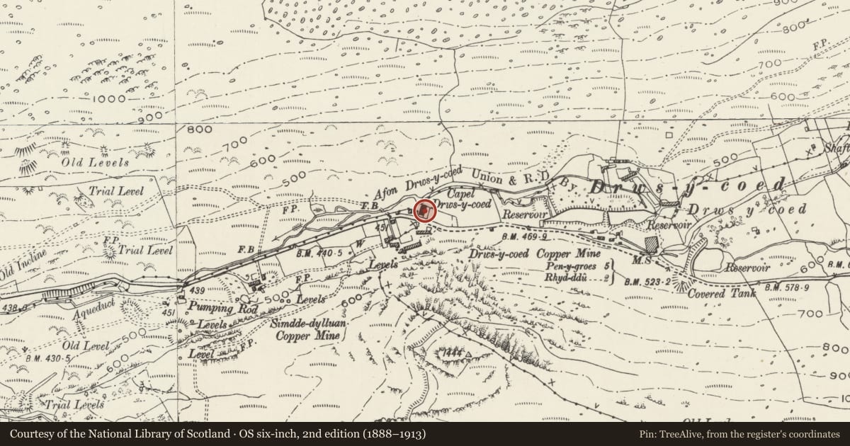 Ordnance Survey six-inch map, 2nd edition (1888–1913) covering the location of Capel Drws-y-coed and Ty Capel, Llanllyfni, Gwynedd, with a pin at the register's coordinates