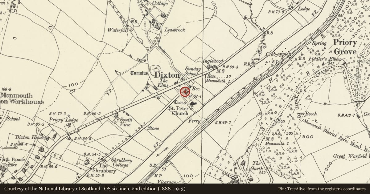 Ordnance Survey six-inch map, 2nd edition (1888–1913) covering the location of Haberdashers' Agincourt School, Monmouth, Monmouthshire, with a pin at the register's coordinates