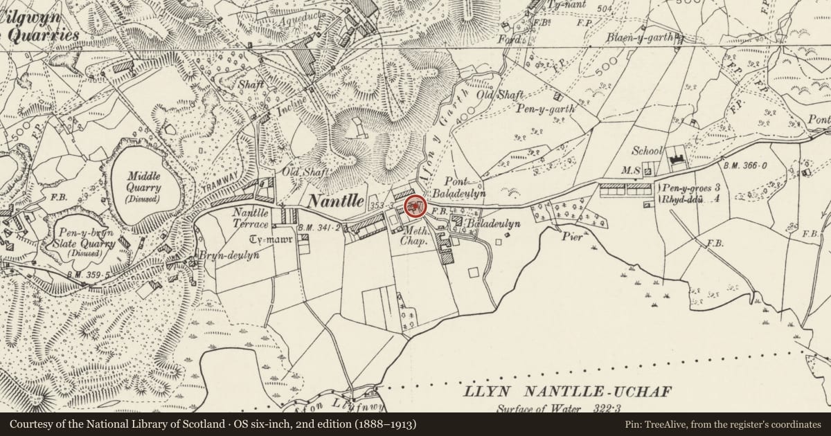 Ordnance Survey six-inch map, 2nd edition (1888–1913) covering the location of Tai Baladeulyn, Llanllyfni, Gwynedd, with a pin at the register's coordinates