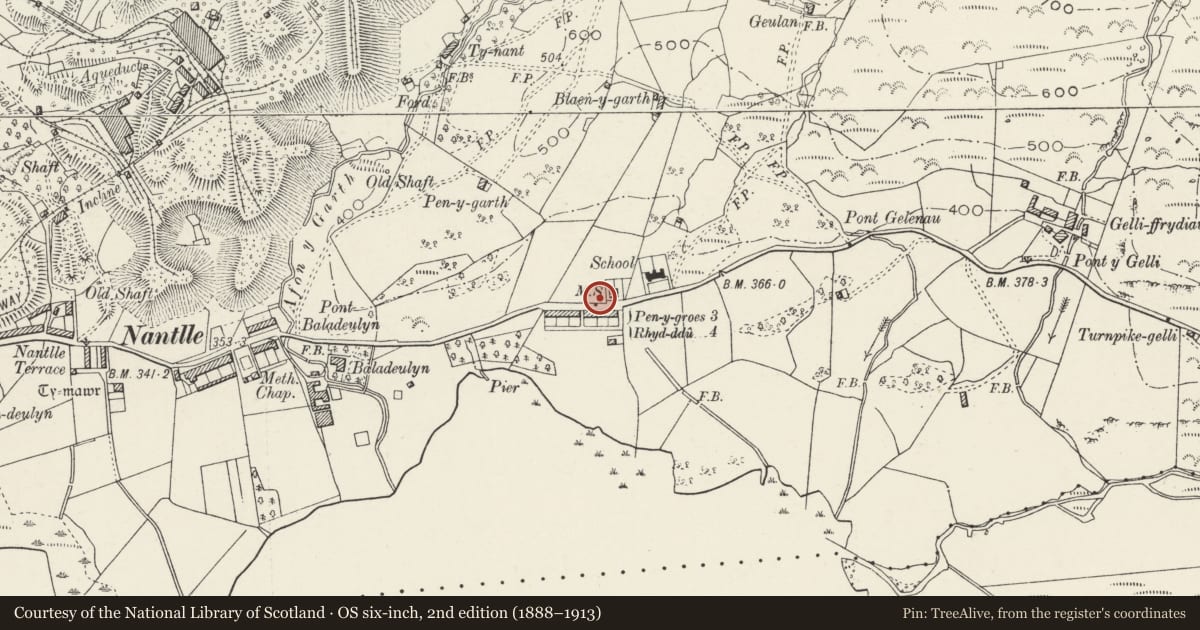 Ordnance Survey six-inch map, 2nd edition (1888–1913) covering the location of Milestone, Llanllyfni, Gwynedd, with a pin at the register's coordinates