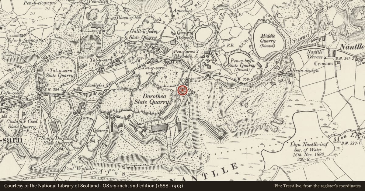 Ordnance Survey six-inch map, 2nd edition (1888–1913) covering the location of North-eastern aerial ropeway revetment, incline and associated buildings, Llanllyfni, Gwynedd, with a pin at the register's coordinates