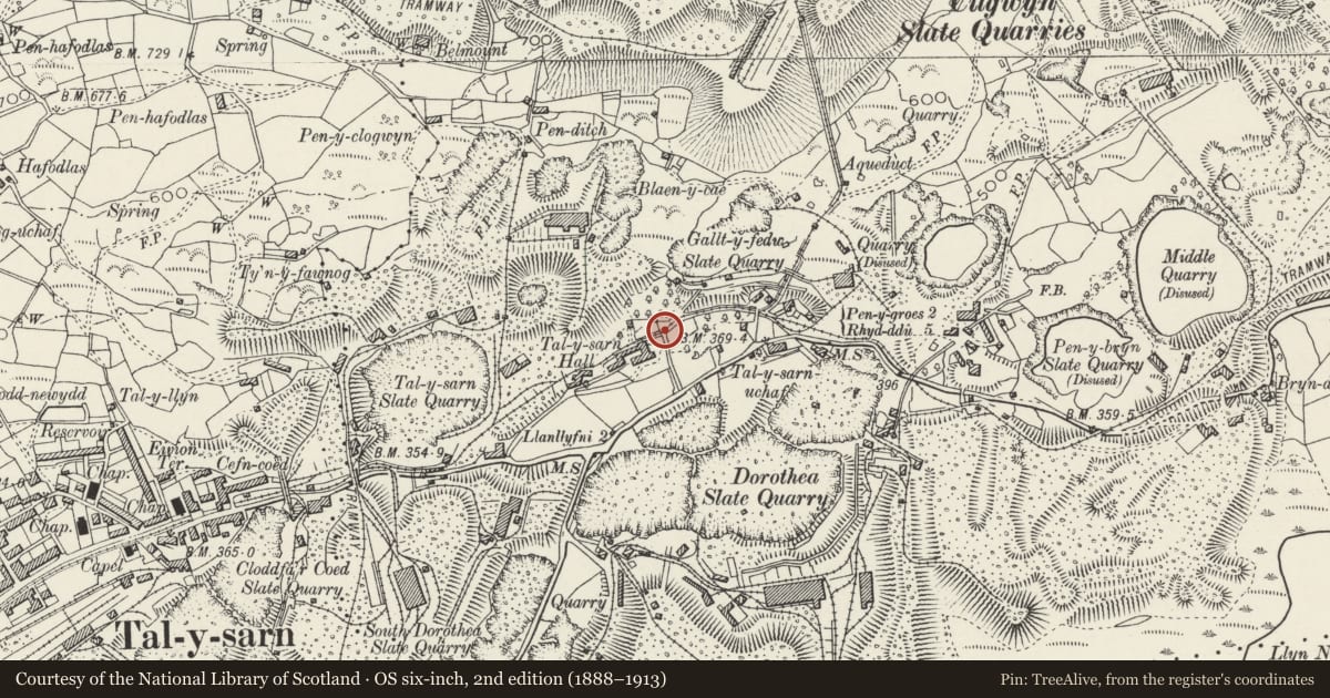 Ordnance Survey six-inch map, 2nd edition (1888–1913) covering the location of Tunnel Portal and Tunnel, Llanllyfni, Gwynedd, with a pin at the register's coordinates