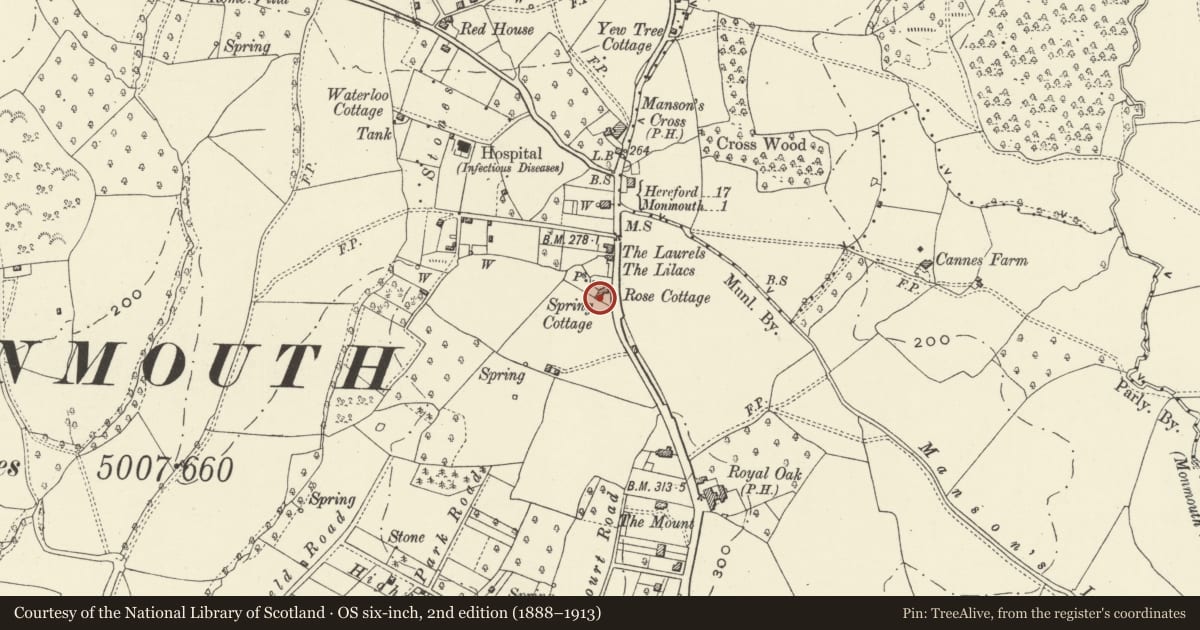 Ordnance Survey six-inch map, 2nd edition (1888–1913) covering the location of The Maze, Monmouth, Monmouthshire, with a pin at the register's coordinates