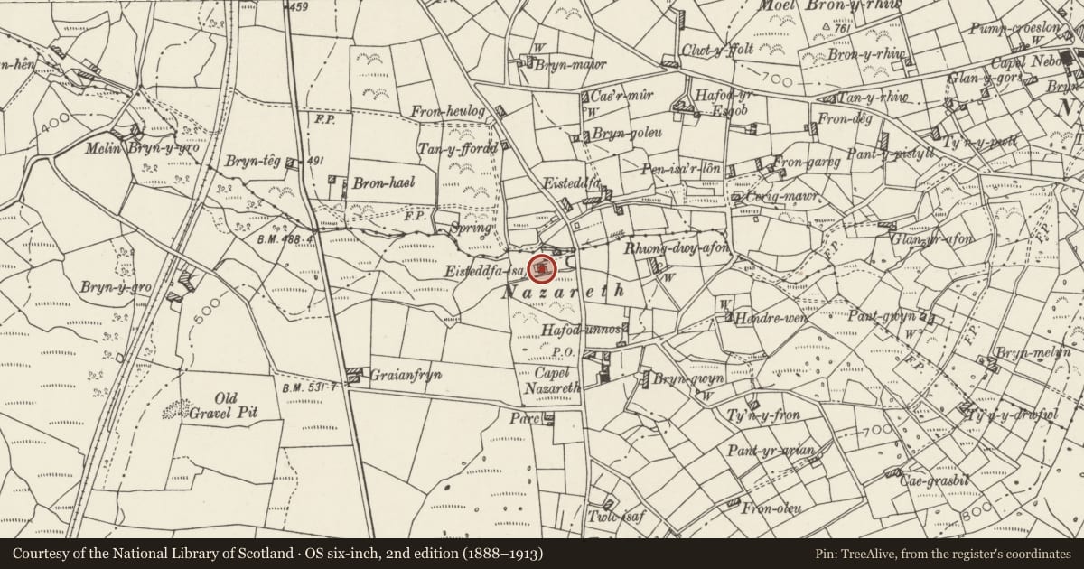 Ordnance Survey six-inch map, 2nd edition (1888–1913) covering the location of Eisteddfa-isaf, Llanllyfni, Gwynedd, with a pin at the register's coordinates