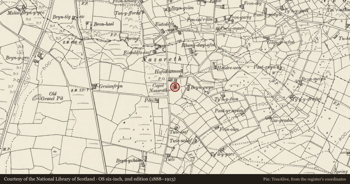 Ordnance Survey six-inch map, 2nd edition (1888–1913) covering the location of Independent Chapel, Llanllyfni, Gwynedd, with a pin at the register's coordinates