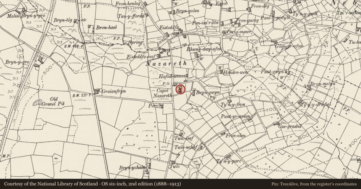 Ordnance Survey six-inch map, 2nd edition (1888–1913) covering the location of Ty Capel, Llanllyfni, Gwynedd, with a pin at the register's coordinates