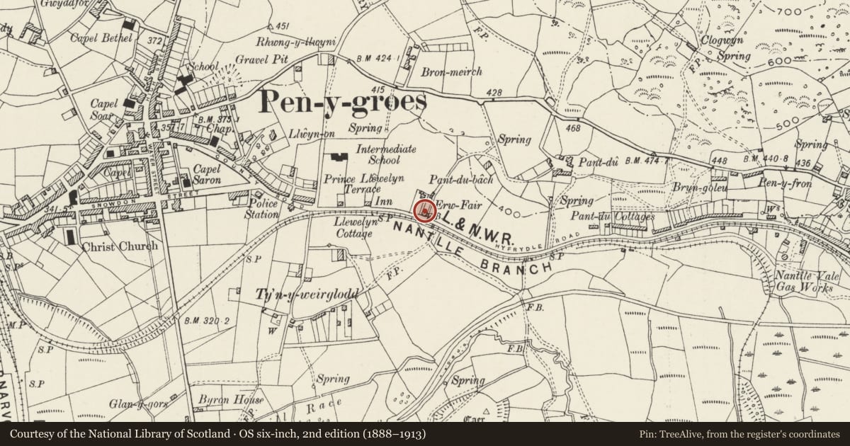 Ordnance Survey six-inch map, 2nd edition (1888–1913) covering the location of Turnpike, Llanllyfni, Gwynedd, with a pin at the register's coordinates