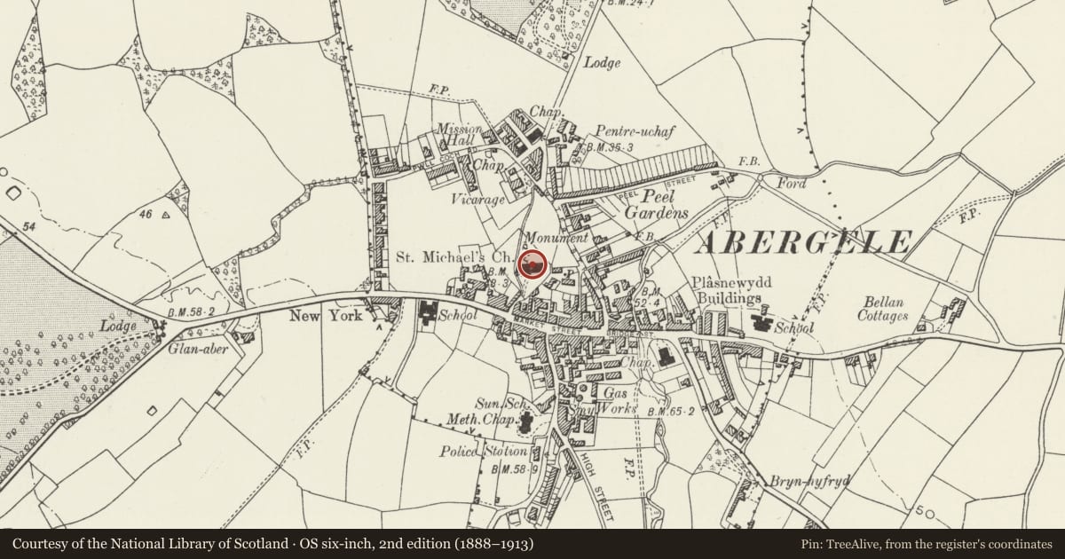 Ordnance Survey six-inch map, 2nd edition (1888–1913) covering the location of Church of St Michael, Abergele, Conwy, with a pin at the register's coordinates