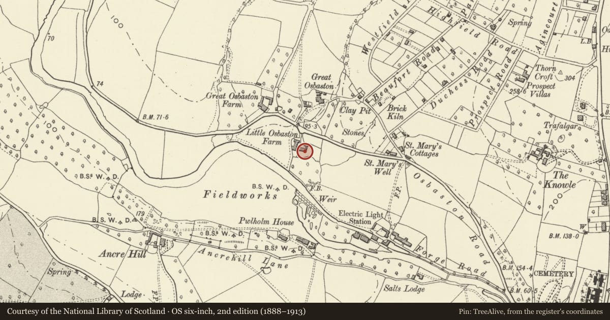 Ordnance Survey six-inch map, 2nd edition (1888–1913) covering the location of Osbaston House, Monmouth, Monmouthshire, with a pin at the register's coordinates
