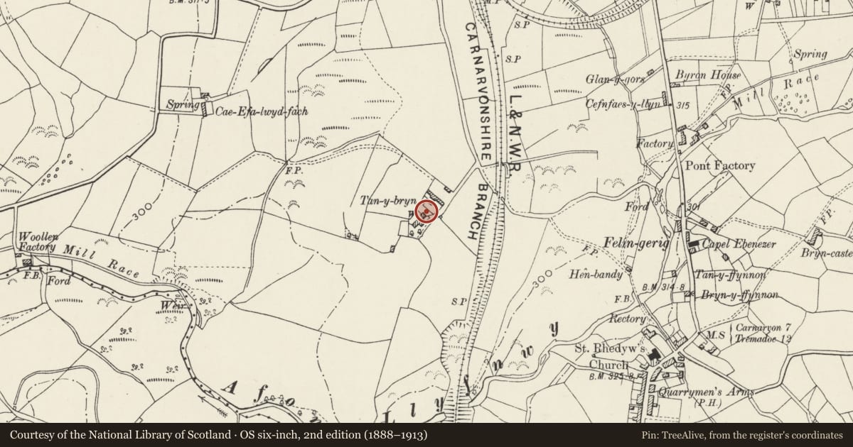 Ordnance Survey six-inch map, 2nd edition (1888–1913) covering the location of Disused Cottage immediately to north-east of Tan-y-Bryn, Llanllyfni, Gwynedd, with a pin at the register's coordinates