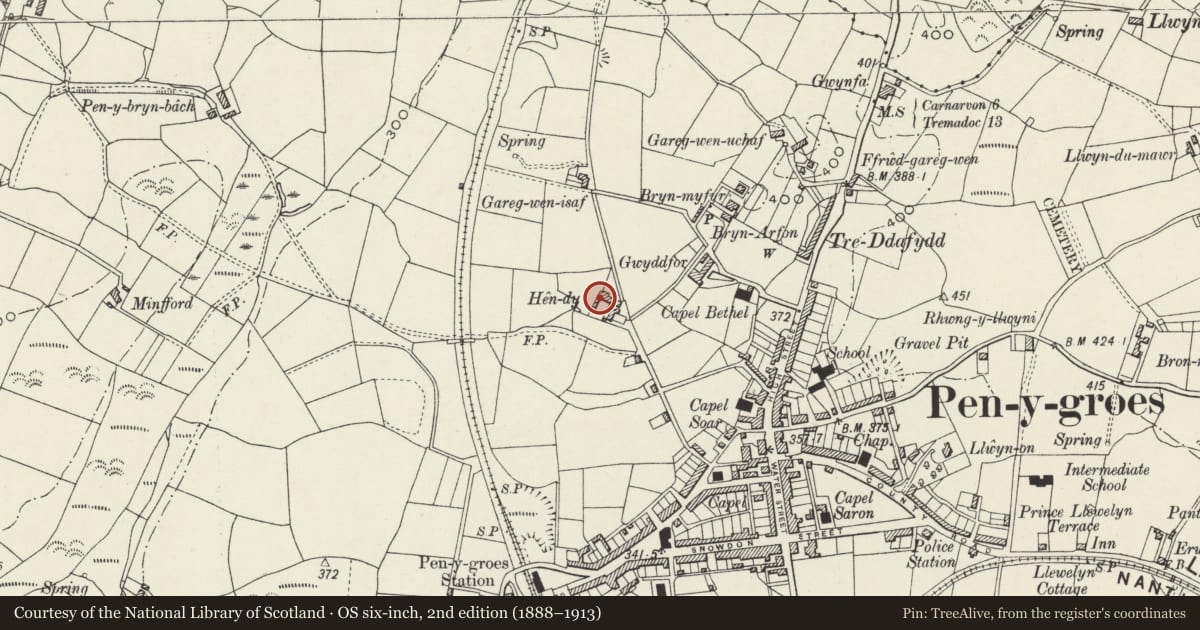 Ordnance Survey six-inch map, 2nd edition (1888–1913) covering the location of Hen-dy, Llanllyfni, Gwynedd, with a pin at the register's coordinates