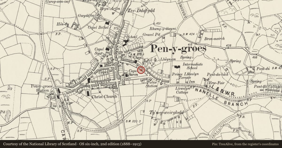 Ordnance Survey six-inch map, 2nd edition (1888–1913) covering the location of Bod Owen, Llanllyfni, Gwynedd, with a pin at the register's coordinates