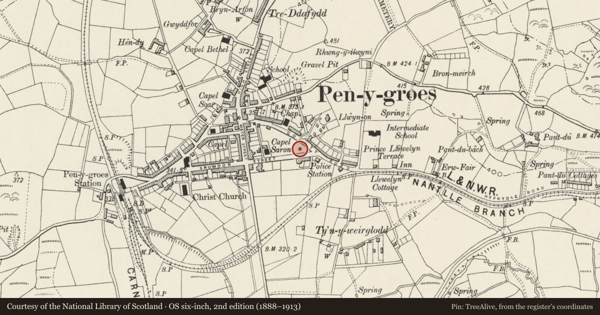 Ordnance Survey six-inch map, 2nd edition (1888–1913) covering the location of Arvon and adjoining outbuildings to the north, Llanllyfni, Gwynedd, with a pin at the register's coordinates