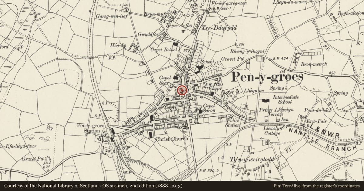Ordnance Survey six-inch map, 2nd edition (1888–1913) covering the location of Muriau & Muriau Stores, Llanllyfni, Gwynedd, with a pin at the register's coordinates