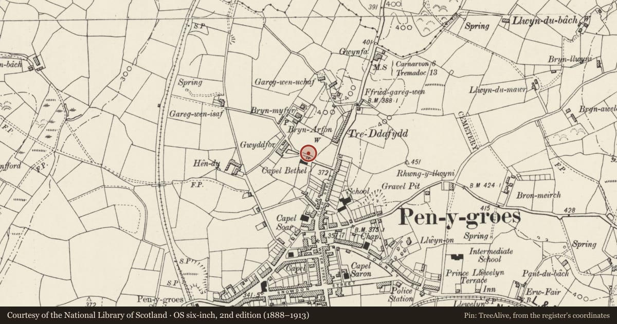 Ordnance Survey six-inch map, 2nd edition (1888–1913) covering the location of Sunday School/vestry to Bethel Chapel, including railings and gates, Llanllyfni, Gwynedd, with a pin at the register's coordinates