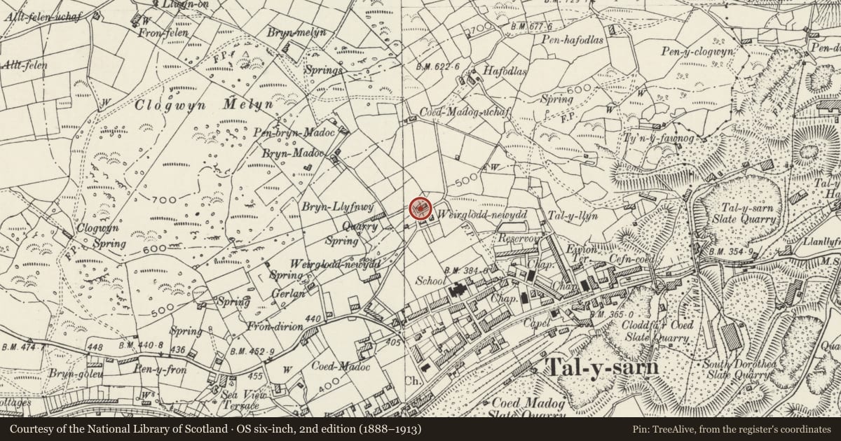 Ordnance Survey six-inch map, 2nd edition (1888–1913) covering the location of Brynarvon, Llanllyfni, Gwynedd, with a pin at the register's coordinates