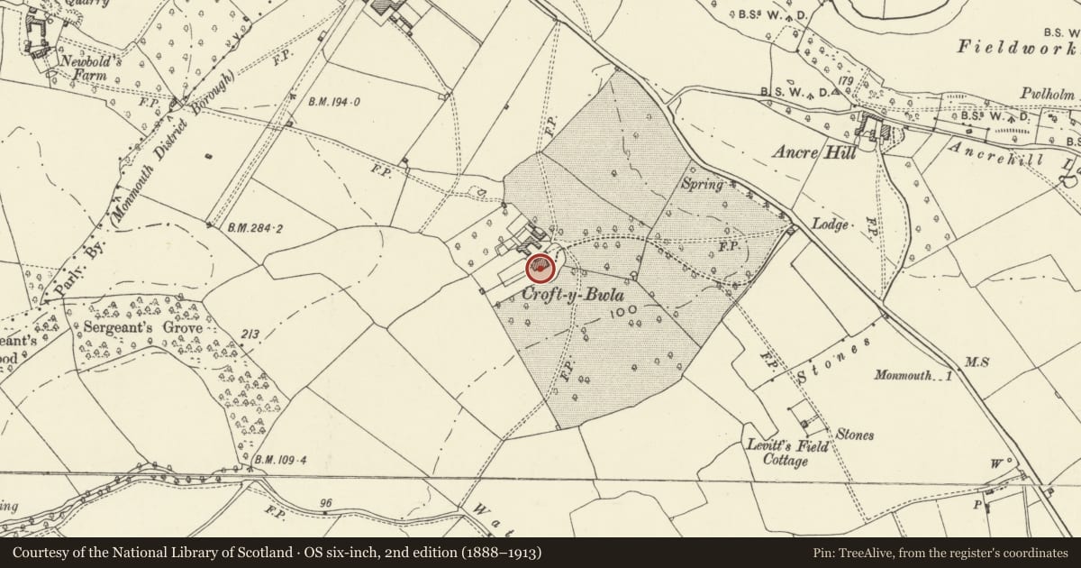 Ordnance Survey six-inch map, 2nd edition (1888–1913) covering the location of Croft-y-bwla, Monmouth, Monmouthshire, with a pin at the register's coordinates