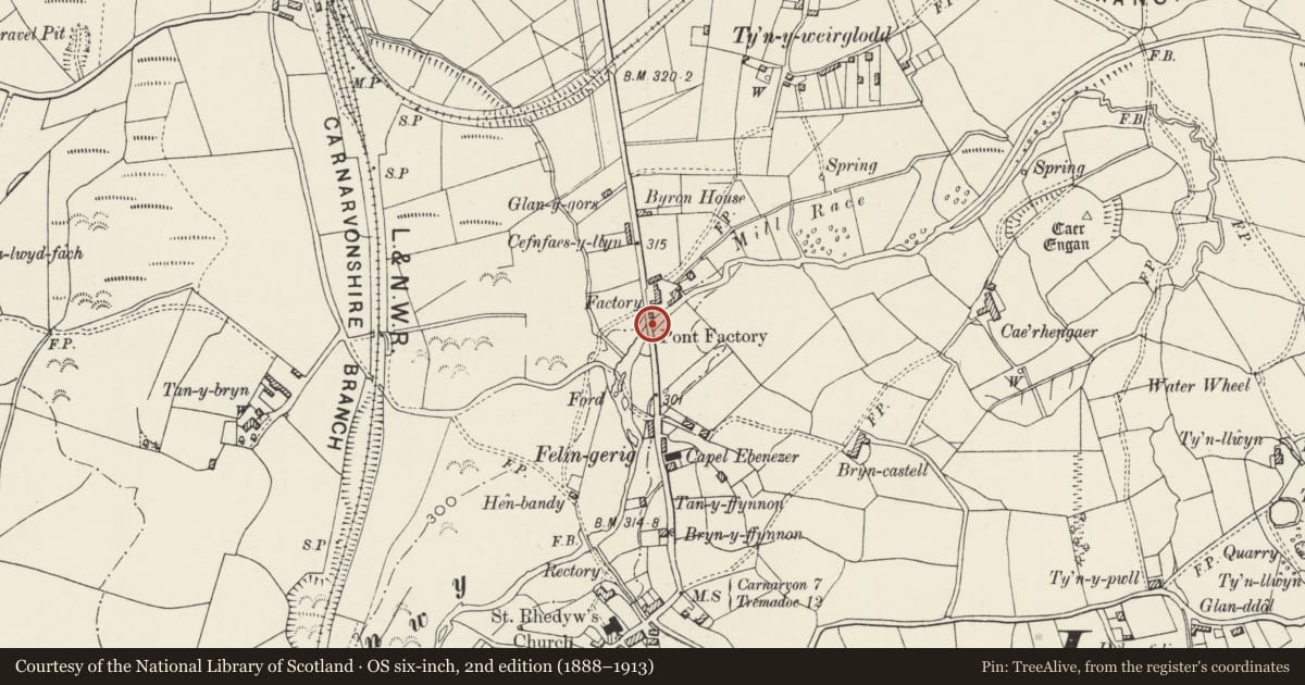 Ordnance Survey six-inch map, 2nd edition (1888–1913) covering the location of Pont Factory, Llanllyfni, Gwynedd, with a pin at the register's coordinates