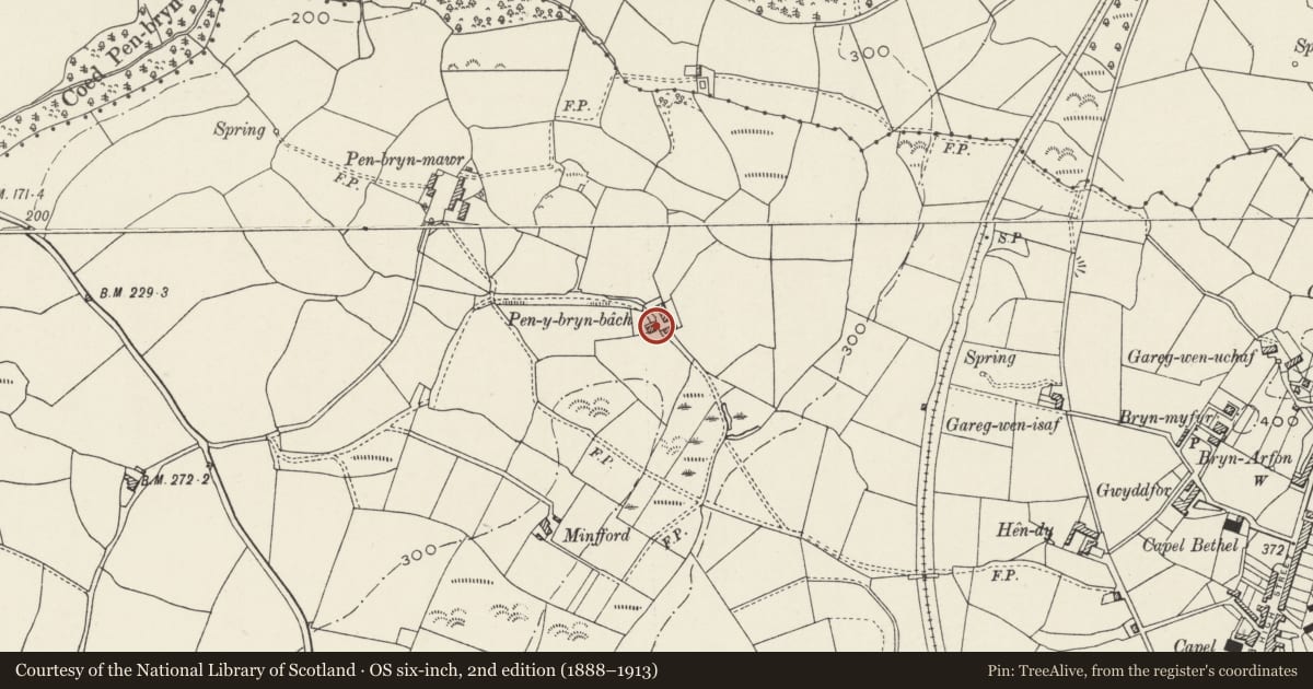 Ordnance Survey six-inch map, 2nd edition (1888–1913) covering the location of Pen-y-bryn-bach, Llanllyfni, Gwynedd, with a pin at the register's coordinates
