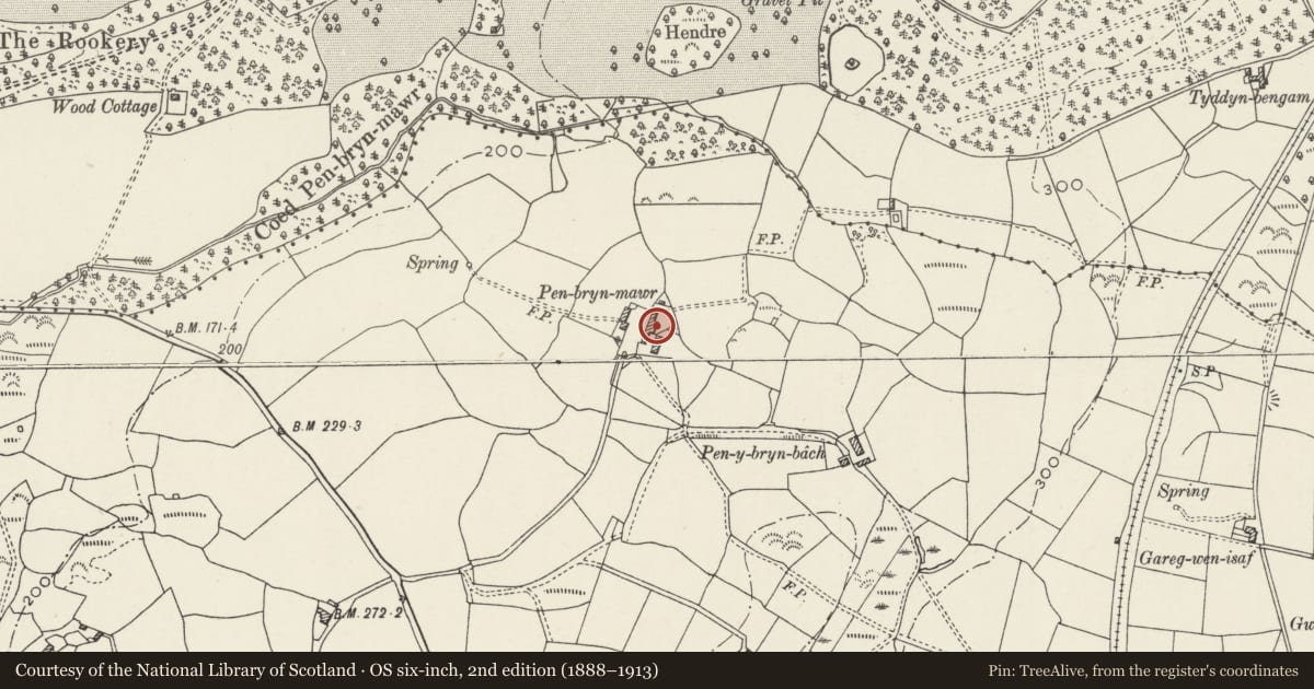 Ordnance Survey six-inch map, 2nd edition (1888–1913) covering the location of Barn/stable at Penbryn Mawr, Llanllyfni, Gwynedd, with a pin at the register's coordinates