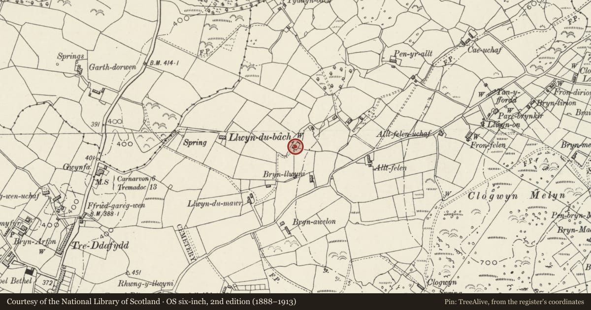 Ordnance Survey six-inch map, 2nd edition (1888–1913) covering the location of Disused cottage to south-west of Llwyndu Canol, Llanllyfni, Gwynedd, with a pin at the register's coordinates