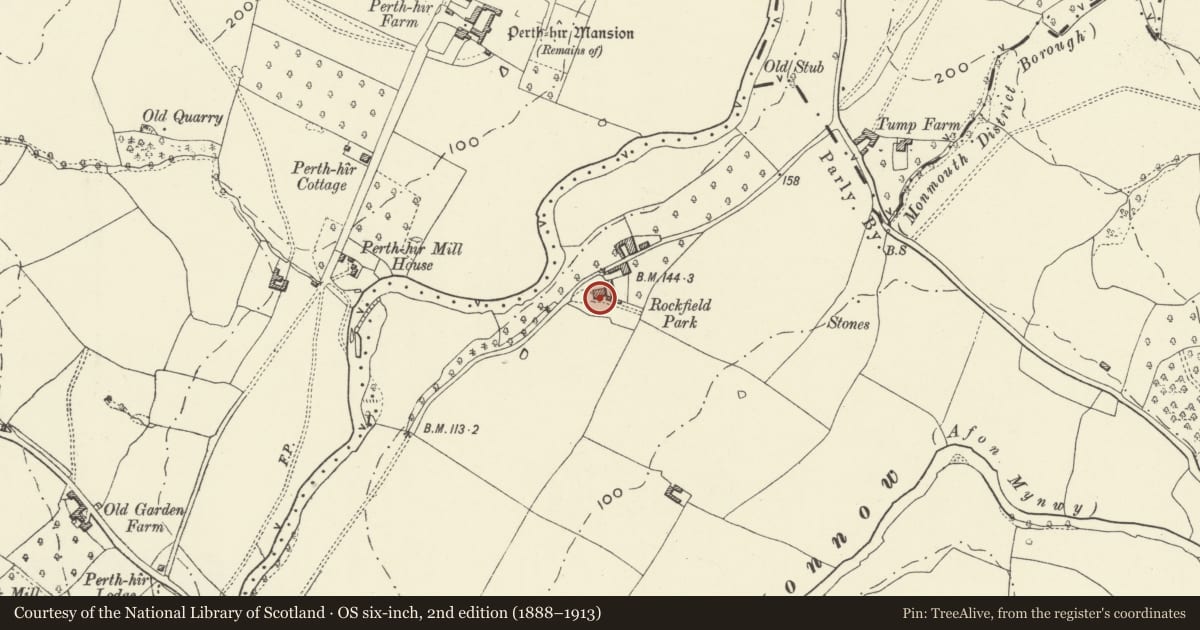 Ordnance Survey six-inch map, 2nd edition (1888–1913) covering the location of Rockfield Park, Whitecastle, Monmouthshire, with a pin at the register's coordinates