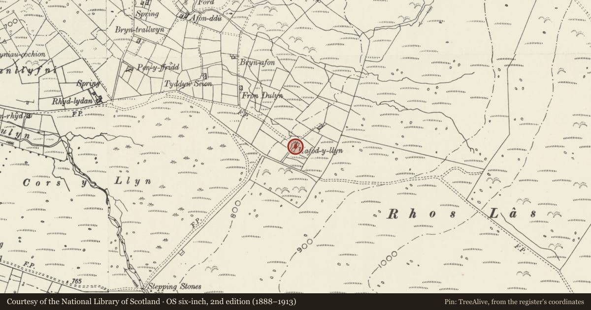 Ordnance Survey six-inch map, 2nd edition (1888–1913) covering the location of Hafod-y-llyn, Llanllyfni, Gwynedd, with a pin at the register's coordinates