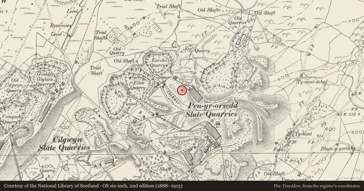 Ordnance Survey six-inch map, 2nd edition (1888–1913) covering the location of Engine House, Llanllyfni, Gwynedd, with a pin at the register's coordinates