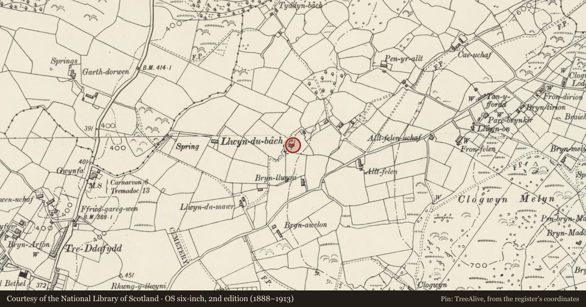 Ordnance Survey six-inch map, 2nd edition (1888–1913) covering the location of Barn at disused cottage to south-west of Llwyndu Canol, Llanllyfni, Gwynedd, with a pin at the register's coordinates